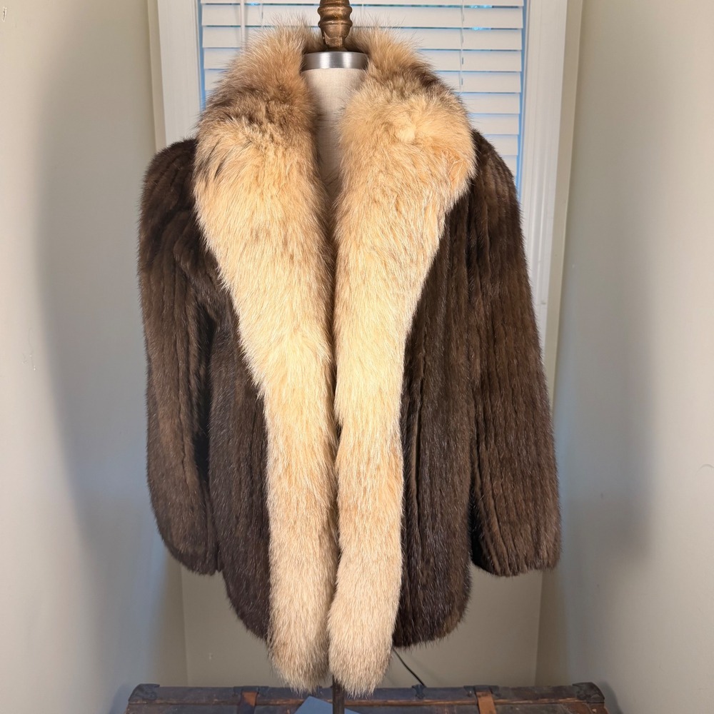 Vintage Brown mink Fur Coat Blonde Fox Fur Collar Trim Mid Length Jacket Size 14